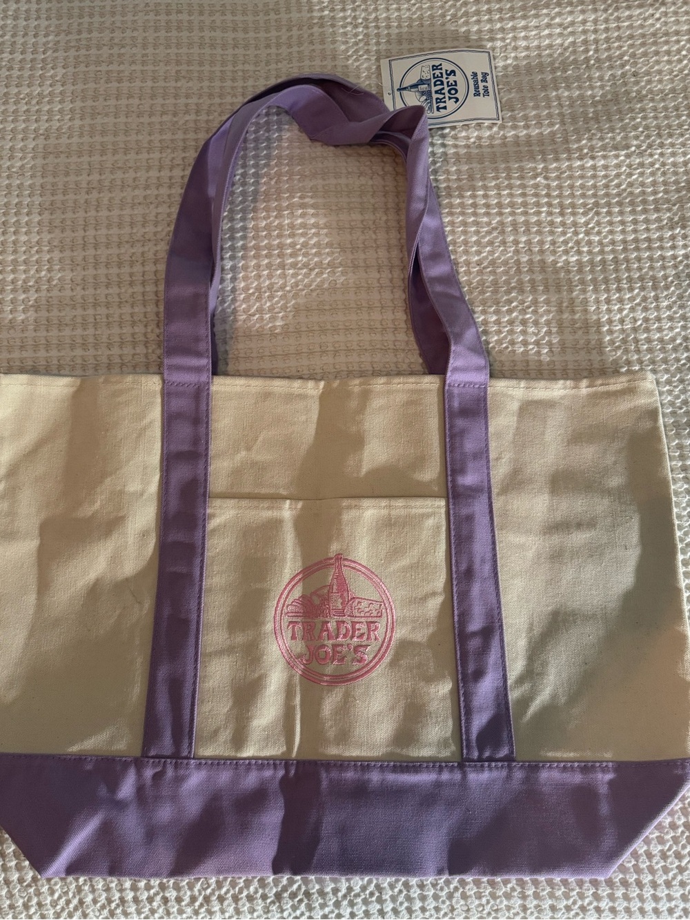 Trader Joe's Cream Canvas Tote with Lavender Trim